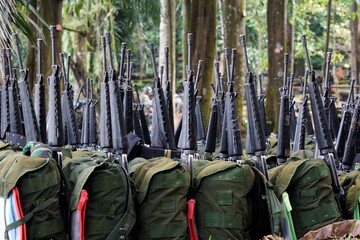 Rifles and rucksack bags of infantry are gathered on the ground while they have a break in the forest.