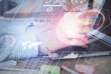 Businessman working on Laptop with technology theme drawing. Concept of big data. Double exposure.