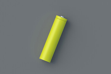 One yellow blank battery aa or aaa size on gray background. Concept of alternative fuel and saving ecology. Top view. 3d rendering