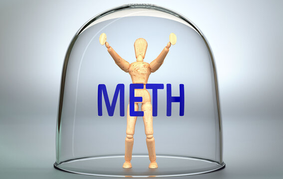 Meth can separate a person from the world and lock in an invisible isolation that limits and restrains - pictured as a human figure locked inside a glass with a phrase Meth, 3d illustration