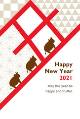 Ox year Kanji shaped like a Torii gate and Cow silhouette with Japanese traditional pattern