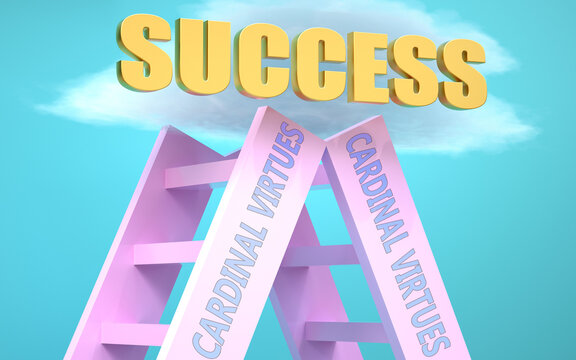 Cardinal virtues ladder that leads to success high in the sky, to symbolize that Cardinal virtues is a very important factor in reaching success in life and business., 3d illustration