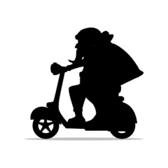 Silhouette of santa claus with gift sack riding scooter christmas holiday design