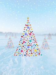 Christmas trees decorated with colorful baubles outdoors in a winter landscape with snowfall 