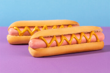 Close-up on fresh hotdogs with mustard zigzags