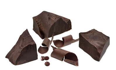 Chocolate curls with broken chocolate parts or pieces isolated on white background including clipping path