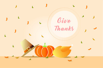 Thanksgiving background pink with hat leaves and turkey