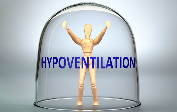 Hypoventilation can separate a person from the world and lock in an isolation that limits - pictured as a human figure locked inside a glass with a phrase Hypoventilation, 3d illustration