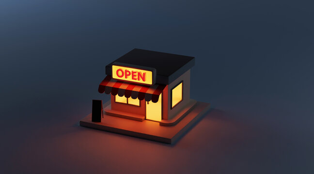 3D front store with blank store signage at night time. 3d rendering.	