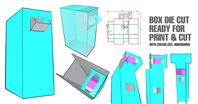 Box Die Cut Cube Template with 3D Preview organised with cut, crease, model and dimensions ready to cut and print, Vector Draw Graphic Design dieline,
