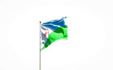 Beautiful national state flag of Djibouti on white background. Isolated close-up Djibouti flag 3D artwork.