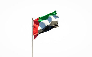 Beautiful national state flag of UAE Emirates on white background. Isolated close-up UAE Emirates flag 3D artwork.