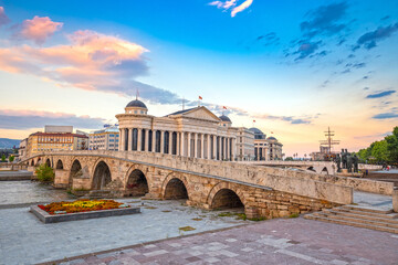 Stone Bridge, behind the Archeology Museum at sunset in Skopje