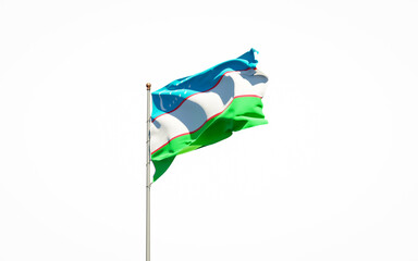 Beautiful national state flag of Uzbekistan on white background. Isolated close-up Uzbekistan flag 3D artwork.