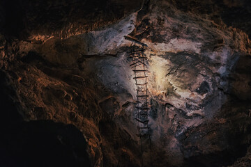 This abandoned ladder was installed in 1924 by the National Geographic Society and descends into a lower cave in the Big Room section of Carlsbad Caverns, Carlsbad Caverns National Park, New Mexico