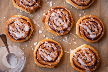 Fresh home baked sweet cinnamon buns with frosting