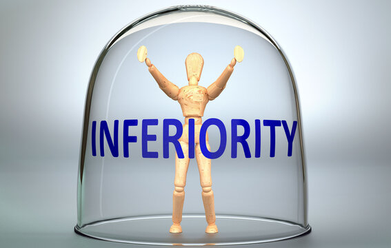 Inferiority Can Separate A Person From The World And Lock In An Isolation That Limits - Pictured As A Human Figure Locked Inside A Glass With A Phrase Inferiority, 3d Illustration