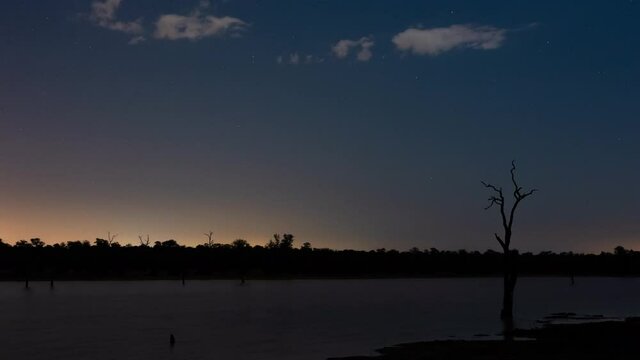 Static night timelapse of moody lake/dam with abstract silhouette dead trees, scattered clouds against starry sky in conservation reserve, Kruger National Park, South Africa.
