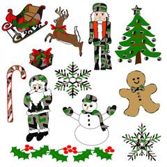 Christmas vector collection. Modifiable symbols: Sleigh, reindeer, nutcracker, Christmas Tree, present, candy cane, Santa Claus, snowman, gingerbread man, snowflakes, holly. 