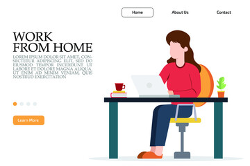 Woman working at home.Freelancer woman working at computer.Landing page for website, template banner. Homepage layout design.Vector illustration