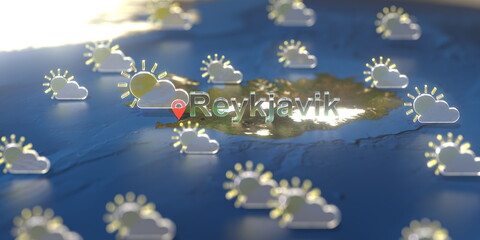Reykjavik city and partly cloudy weather icon on the map, weather forecast related 3D rendering
