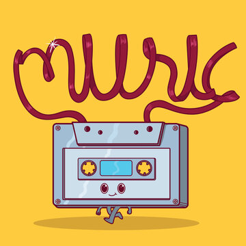 Cassette character vector illustration. Music, vintage, retro, k7, lettering design concept