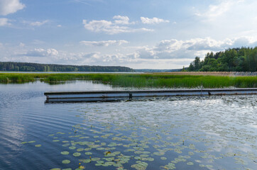 boat ramp and water lilies at Suja Lake in Polatsk region, Belarus	