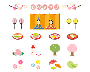 ひなまつりのベクターイラスト　桃の節句　ひな人形　梅の花