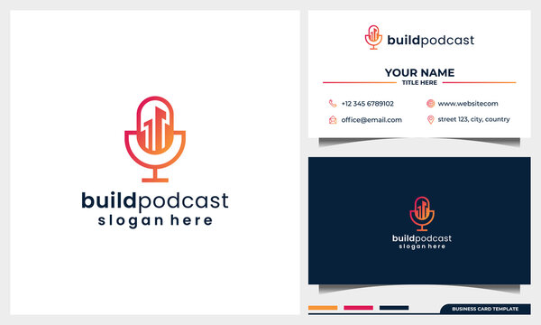 Building logo design with microphone podcast concept and business card template