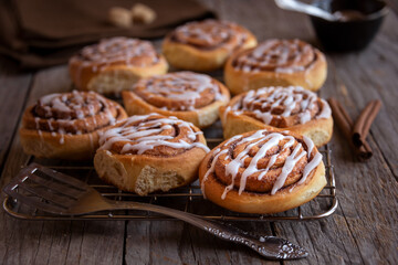 Fresh home baked sweet cinnamon buns with frosting