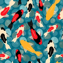 Fototapeten seamless pattern with koi carp fish and pebbles in a pond. colorful fish. Modern abstract design for background for packaging paper, cover, fabric, card © Natalia Iashnova