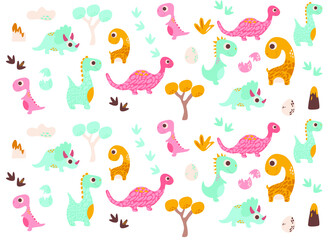 background with dinosaurs, vector illustration (dino, eggs, trees, footprints, volcano)