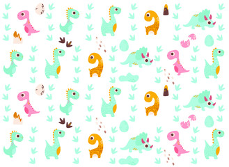 background with dinosaurs, vector illustration (dino, eggs, trees, footprints, volcano)