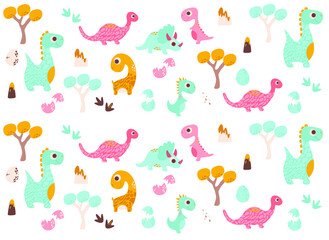 background with dinosaurs, vector illustration (dino, eggs, trees, footprints, volcano)
