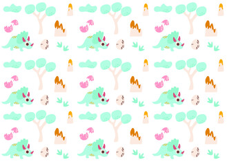 background with dinosaurs, vector illustration (dino, eggs, trees, footprints, volcano)