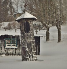 Old Tree house in winter 