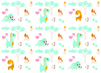 background with dinosaurs, vector illustration (dino, eggs, trees, footprints, volcano)