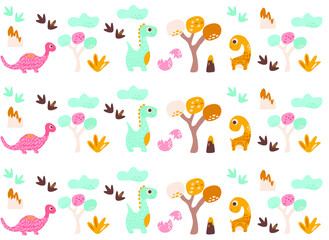 background with dinosaurs, vector illustration (dino, eggs, trees, footprints, volcano)