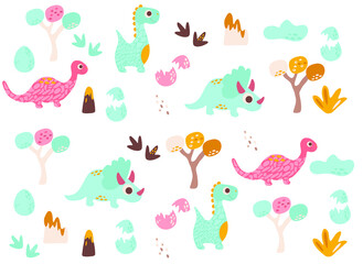 background with dinosaurs, vector illustration (dino, eggs, trees, footprints, volcano)