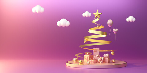 Obraz premium Podium with Christmas tree and ornaments in purple or violet composition for modern stage display and minimalist mockup ,Concept Christmas and a festive New Year, 3d illustration or 3d render