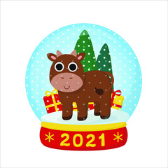 Christmas bull in a snow globe. Illustration with the symbol of the New year 2021. Festive vector illustration in cartoon style. Cute cow stands in the snow with gifts