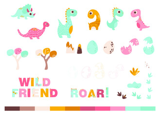 dinosaur, set with vector illustration of dino, eggs, footprints, trees, flowers, narrow, inscription