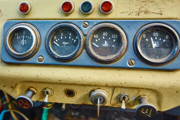 vintage old car automobile dashboard.