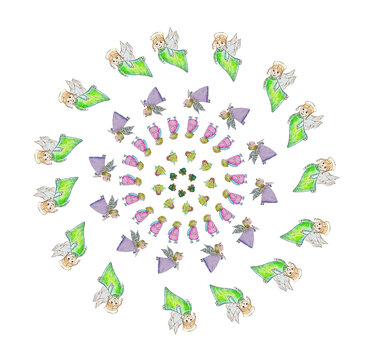 Girotondo di angioletti, illustrazione isolata su sfondo bianco