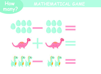 examples of addition and subtraction with dinosaurs. educational page with mathematical examples for children.