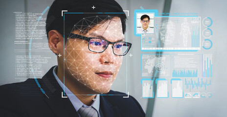 Facial recognition technology scan and detect people face for identification . Future concept interface showing digital biometric security system that analyze human face to verify personal data .