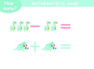 examples of addition and subtraction with dinosaurs. educational page with mathematical examples for children.