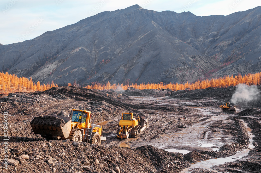 Wall mural Bulldozers and wheel loaders at work. Mining.
Bulldozers cut the topsoil in mountainous forested areas and wheel loaders transport the soil