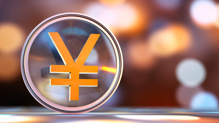 Obraz premium Japanese yen symbol in a metal sphere with a transparent top on a blurred bokeh background. 3D. Finance. Forex. Copy space