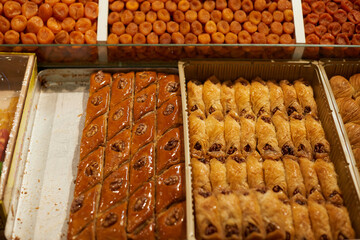 Oriental sweets assortment of fresh and healthy nuts and dried fruits on the market